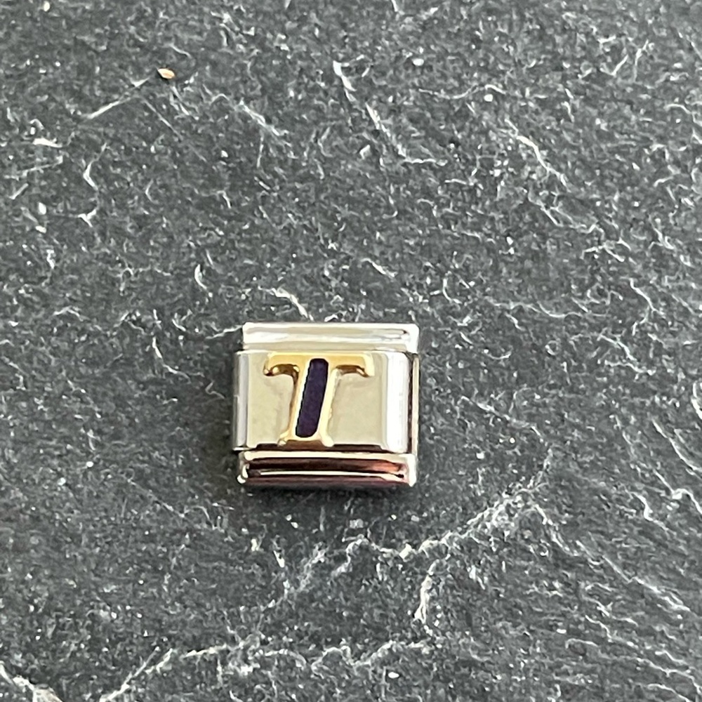 Zoppini Stainless Steel and Gold Blue enameled Letter T Charm